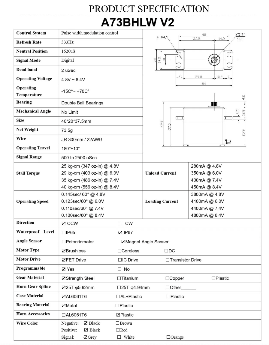 AGFRC Programmable 40KG 0.100Sec High Torque Magnetic Waterproof IP67 Digital Brushless Steering Servo for 1/10 Scale RC Car Boat, Control Angel 180°(A73BHLW)